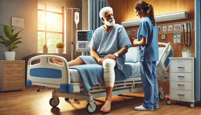 DALL·E 2025-02-18 16.16.45 - A detailed and realistic digital illustration of an elderly patient recovering from knee surgery in a modern hospital room. The patient, a senior man