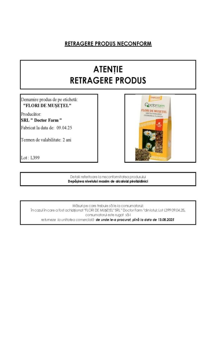 Informare consumatori privind retragere Flori de Musetel