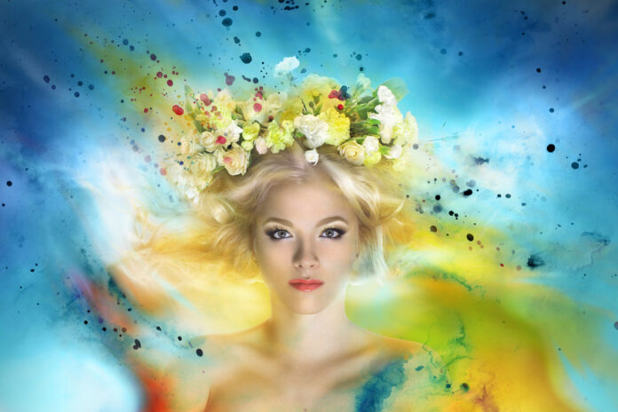 Portrait,Of,Magnificent,Flying,Fairy,With,Blond,Hair,In,Flower