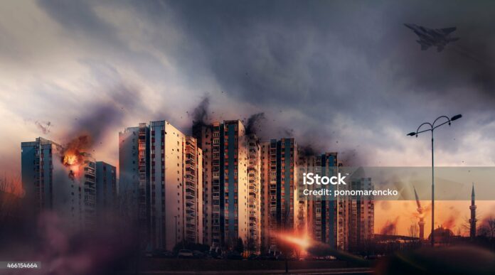 War in the city. Bombardment civilian districts. Modern war.